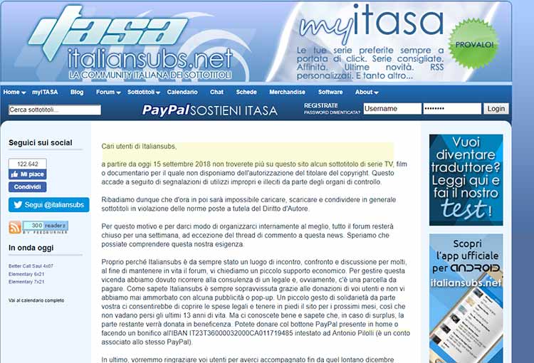 Homepage di ItalianSubs con l’annuncio di chiusura