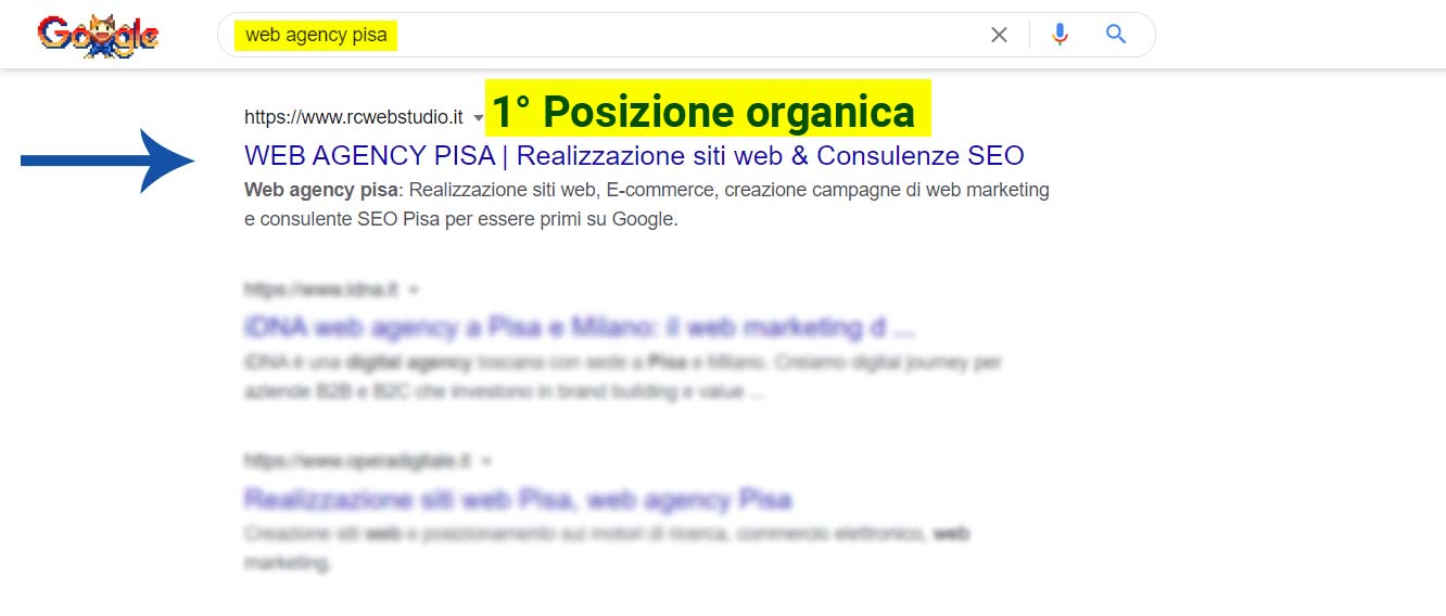 Risultato di Google per web agency pisa con Rcweb Studio in prima posizione organica