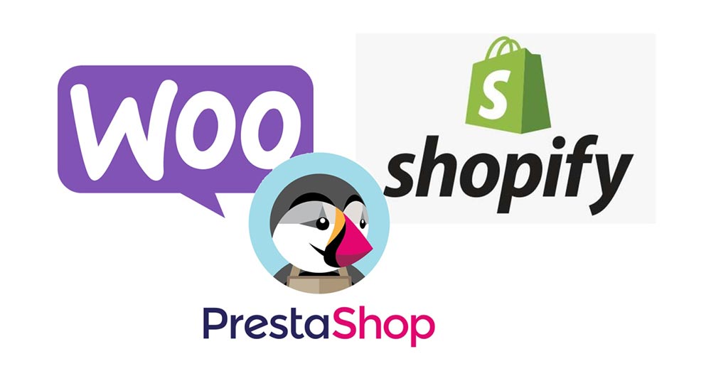 Loghi di WooCommerce, PrestaShop e Shopify