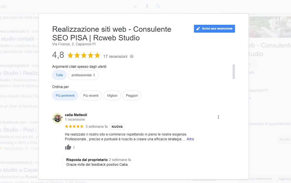 Scheda Google di Rcweb Studio con le recensioni dei clienti